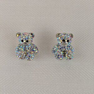 Sterling Silver Earrings in Shape of Teddy Bear, Sparkly Crystal Design